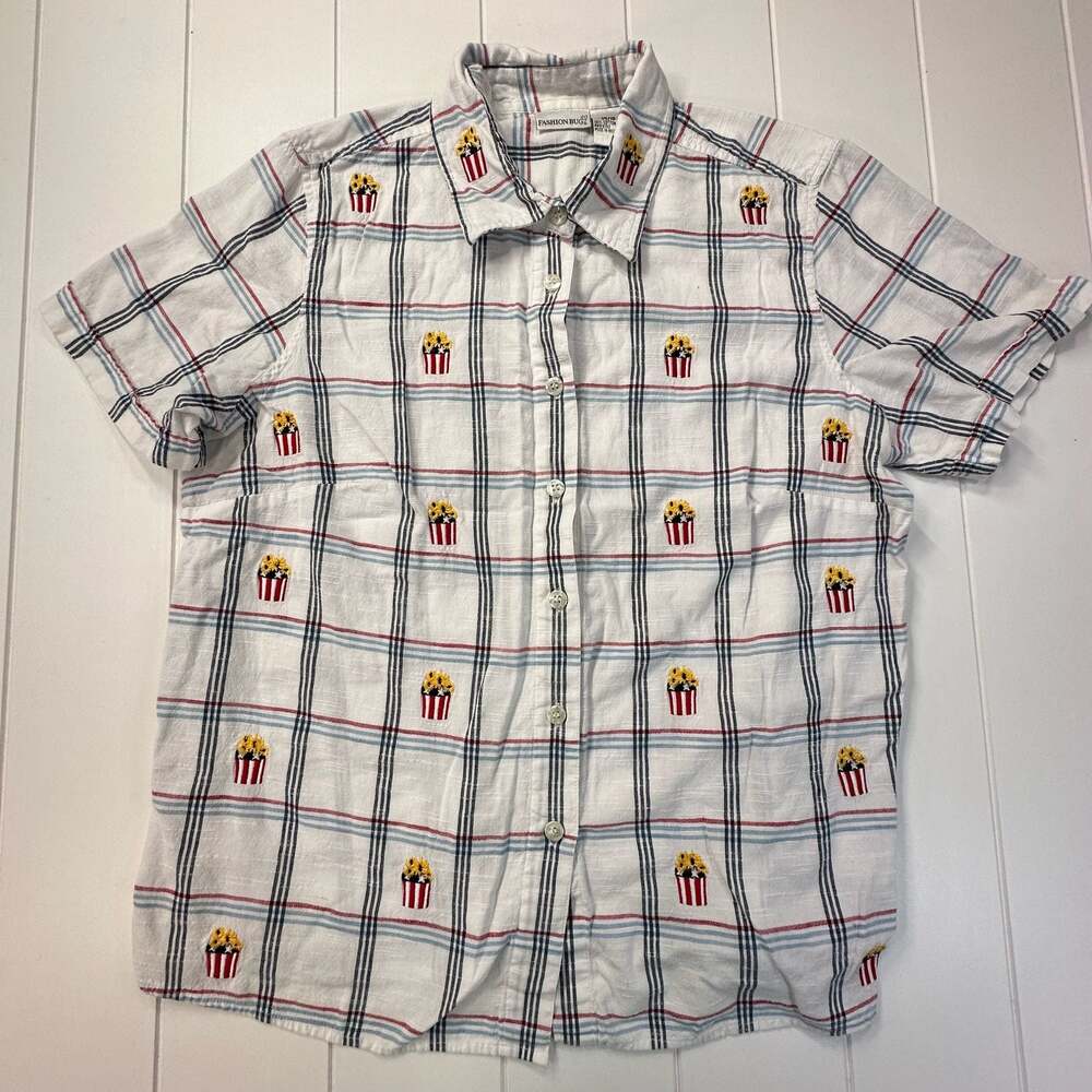 Fashion Bug White Plaid Popcorn Embroidered Short Sleeve Button Down Shirt Size